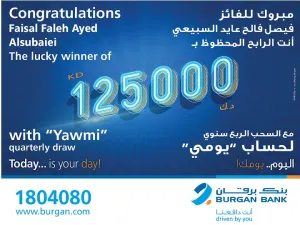 Burgan Bank Announces the New Winner of the Kd 125,000 Cash Prize in the Yawmi Quarterly Draw