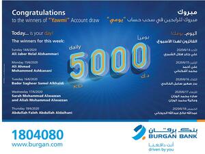 Burgan Bank Announces Names of the Daily Lucky Winners of Yawmi Account Draw