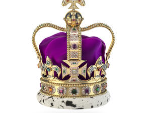 English golden crown with jewels isolated on white. Royal symbol of UK monarchy  (Shutterstock)	