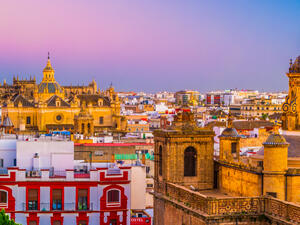 Seville, city skyline in the Old Quarter. Beautiful night photo of destination in Andalucia, Spain  (Shutterstock)	 
