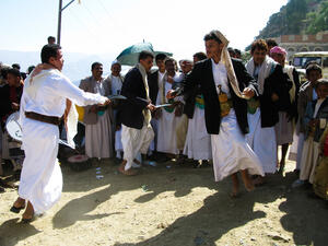 Men dancing with national traditional daggers aka Jambia at the wedding ceremony. (Shutterstock/ File Photo)