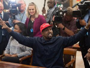 Kanye West meets with US President Donald Trump in the Oval Office of the White House in Washington, DC, October 11, 2018. Kanye West, the entertainment mogul who urges listeners in one song to "reach for the stars, so if you fall, you land on a cloud," announced SJuly 4, 2020, he is challenging Donald Trump for the US presidency in 2020. SAUL LOEB / AFP