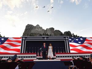 US President Donald Trump and First Lady Melania Trump arrive for the Independence Day events at Mount Rushmore National Memorial in Keystone, South Dakota, July 3, 2020. SAUL LOEB / AFP