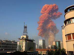 A picture shows the scene of an explosion in Beirut on August 4, 2020. A large explosion rocked the Lebanese capital Beirut on August 4, an AFP correspondent said. The blast, which rattled entire buildings and broke glass, was felt in several parts of the city. Anwar AMRO / AFP