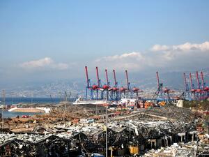 A picture shows destruction at Beirut port on August 5, 2020 in the aftermath of a massive explosion in the Lebanese capital. Rescuers searched for survivors in Beirut after a cataclysmic explosion at the port sowed devastation across entire neighbourhoods, killing more than 100 people, wounding thousands and plunging Lebanon deeper into crisis. The blast, which appeared to have been caused by a fire igniting 2,750 tonnes of ammonium nitrate left unsecured in a warehouse, was felt as far away as Cyprus, som