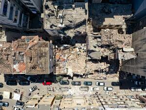 An aerial view shows damaged buildings in Beirut's neighbourhood of Gemayzeh, days after a huge chemical explosion hit the nearby port, devastating large parts of the Lebanese capital and claiming over 150 lives. AFP