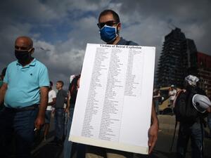 A Lebanese man carries a placard bearing the names of the Beirut port explosion, during a commemoration ceremony across from the capital's harbour, on August 11, 2020. PATRICK BAZ / AFP
