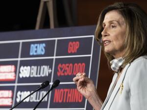 US Speaker of the House, Nancy Pelosi, Democrat of California, holds her weekly press briefing on Capitol Hill in Washington, DC, on August 13, 2020. JIM WATSON / AFP