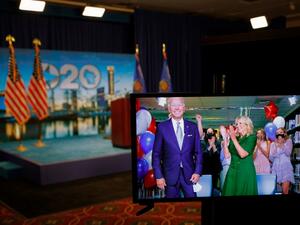 US Democratic presidential candidate and former Vice President Joe Biden (L) reacting next to wife Jill Biden after being formally nominated as the Democratic presidential candidate during the second day of the convention on a video feed at its hosting site in Milwaukee, Wisconsin, on August 18, 2020. BRIAN SNYDER / POOL / AFP