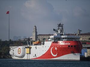 This file photo taken on August 23, 2019 in Istanbul shows a view of Turkish General Directorate of Mineral research and Exploration's (MTA) Oruc Reis seismic research vessel docked at Haydarpasa port, which searches for hydrocarbon, oil, natural gas and coal reserves at sea. Turkish President Recep Tayyip Erdogan vowed on August 21, 2020, to step up the search for energy in the Mediterranean by the end of the year, despite tensions with Greece and the rest of the EU. Greece on August 11, demanded that Turk
