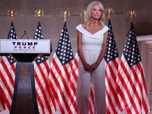 White House Counselor to the President Kellyanne Conway pauses between takes while pre-recording her address to the Republican National Convention from inside an empty Mellon Auditorium on August 26, 2020 in Washington, DC. The novel coronavirus pandemic has forced the Republican Party to move away from an in-person convention to a televised format, similar to the Democratic Party's convention a week earlier. Chip Somodevilla/Getty Images/AFP CHIP SOMODEVILLA / GETTY IMAGES NORTH AMERICA / Getty Images via 