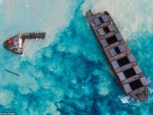 An aerial view taken in Mauritius on August 17. The MV Wakashio struck a coral reef off the Indian Ocean island on July 25 and began spilling oil on Aug. 6, prompting the government to announce a state of environmental emergency. (AFP)