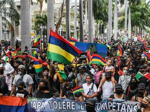 People hold up national flags as they protest against the government's response to the oil spill disaster that happened in early August near the prime minister's office in Port Louis, Mauritius, August 29, 2020. (AFP)