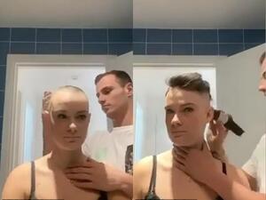 Eva Barilaro, from Monaco, has alopecia and asked her firefighter boyfriend Damien Fabre, 26, to shave her head after her hair began falling out in May. (TikTok/Eva Barilaro)
