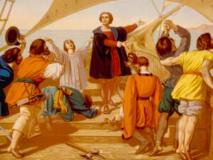 Christopher Columbus' first view of the New World on October 12, 1492 as depicted in a chromolithograph from 1892  (Shutterstock)	