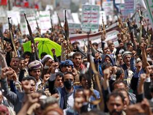 Yemeni supporters of the Huthi rebels chant slogans during a rally commemorating the tenth day of the month of Muharram which marks the peak of Ashura, in the Yemeni capital Sanaa on August 30, 2020. MOHAMMED HUWAIS / AFP