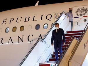 French President Emmanuel Macron arrives at Beirut International airport on August 31, 2020. Macron arrived in Beirut for his second visit since a deadly explosion on August 4 shook the nation and fuelled a drive for political change. Macron, who first flew to Beirut only two days after the blast, arrived at 9 pm (1800 GMT) for a two-day visit that will include a ceremony marking the centenary of Greater Lebanon. GONZALO FUENTES / POOL / AFP