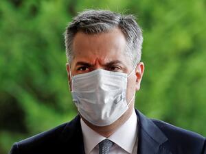 Lebanese Prime Minister Mustapha Adib, wearing a protective face masks, arrives to meet with the French President at the Presidential palace in Baabda east of the Lebanese capital Beirut on September 1, 2020. GONZALO FUENTES / POOL / AFP