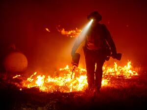 Firefighters cut defensive lines and light backfires to protect structures behind a CalFire fire station during the Bear fire, part of the North Lightning Complex fires in the Berry Creek area of unincorporated Butte County, California on September 9, 2020. JOSH EDELSON / AFP