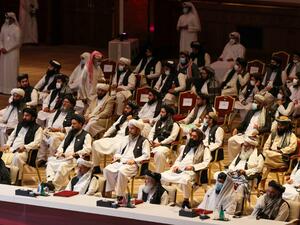 Members of the Taliban delegation attend the opening session of the peace talks between the Afghan government and the Taliban in the Qatari capital Doha on September 12, 2020. KARIM JAAFAR / AFP