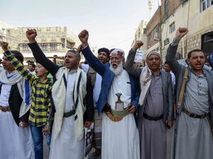Yemeni supporters of the Houthi movement chant slogans during a rally commemorating the death of Shiite Imam Zaid bin Ali in the capital Sanaa, on September 14, 2020. Mohammed HUWAIS / AFP