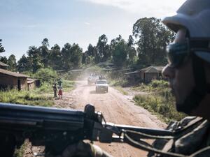 Uruguayan peacekeepers from MONUSCO (The United Nations Organization Stabilization Mission in the Democratic Republic of the Congo) patrol National Road 27 in Ituri province, northeastern Democratic Republic of Congo on September 14, 2020. Along this road, villages and vehicles have been targeted by recurring armed attacks by militiamen. Since the end of 2017, the conflict in Ituri has resulted in several hundred deaths and more than one and a half million displaced persons. Most of the massacres are attrib