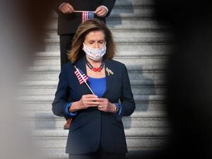 U.S. Speaker of the House Nancy Pelosi (D-CA), members of the House, staff and law enforcement members observe a moment of silence during an event on September 11, 2020 marking the anniversary of the September 11th terror attacks on the World Trade Center. (AFP)