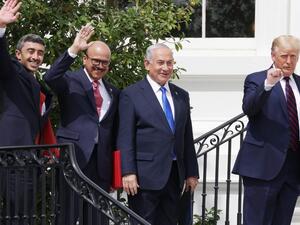 (L-R) Foreign Affairs Minister of the United Arab Emirates Abdullah bin Zayed bin Sultan Al Nahyan, Foreign Affairs Minister of Bahrain Abdullatif bin Rashid Al Zayani, Prime Minister of Israel Benjamin Netanyahu and U.S. President Donald Trump participate in the signing ceremony of the Abraham Accords on the South Lawn of the White House September 15, 2020 in Washington, DC. Witnessed by President Trump, Prime Minister Netanyahu signed a peace deal with the UAE and a declaration of intent to make peace wit