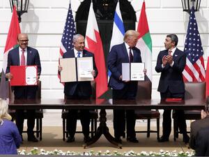 Witnessed by President Trump, Prime Minister Netanyahu signed a peace deal with the UAE and a declaration of intent to make peace with Bahrain. Alex Wong/Getty Images/AFP