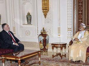 A handout picture released by the Omani Royal Palace on August 27, 2020 shows Sultan Haitham bin Tariq (R) receiving US Secretary of State Mike Pompeo (C) at al-Barakah Palace in the capital Muscat. (AFP Photo / HO/ Omani Royal Palace)