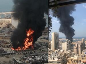 An inferno raging at the port in Beirut on Thursday afternoon just 37 days after the city was rocked by an explosion. (Twitter)