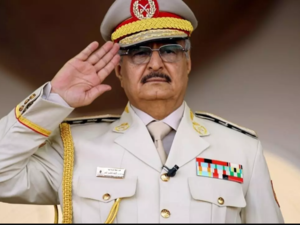 Libyan strongman Khalifa Haftar salutes during a military parade in the eastern city of Benghazi. AFP / Abdullah Doma