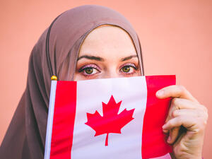 Muslim woman in hijab holds flag of Canada (Shutterstock/ File Photo)