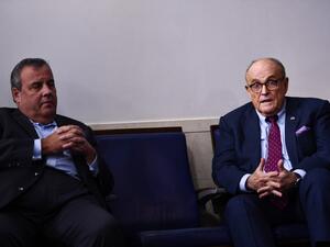 Former New Jersey Governor Chris Christie (L) and former New York City Mayor Rudy Giuliani (R) talk before a briefing at the White House September 27, 2020, in Washington, DC. US President Donald Trump paid just $750 in federal income taxes in 2016, the year he won the election, The New York Times reported September 27, 2020, citing tax return data extending more than 20 years. Brendan Smialowski / AFP