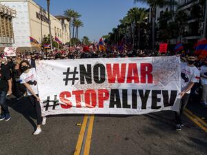 People march from Pan Pacific Park to the Consulate General of Turkey, during a protest in support of Armenia and Karabakh amid the territorial dispute with Azerbaijan over Nagorno-Karabakh, in Los Angeles, California, October 11, 2020. Kyle Grillot / AFP