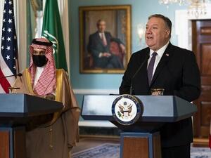 Saudi Foreign Minister Prince Faisal bin Farhan Al Saud (L) listens to US Secretary of State Mike Pompeo speak during their meeting at the State Department in Washington, October 14, 2020. (Manuel Balce Cenata/Pool/AFP)