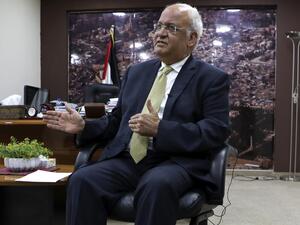 A file photo taken on March 3, 2020 shows Saeb Erekat, Secretary-General of the Palestine Liberation Organisation and chief Palestinian negotiator, talking to reporters in the West Bank city of Ramallah. (AFP/File Photo)