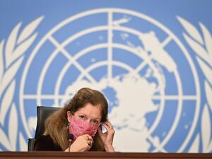 Deputy Special Representative of the UN Secretary-General for Political Affairs in Libya Stephanie Williams wears her protective face mask after a press conference on talks between the rival factions in the Libya conflict on October 21, 2020 at the United Nations offices in Geneva. The UN's Libya envoy said she was "quite optimistic" about the prospects of a ceasefire emerging from ongoing talks between the two warring factions. Two days into the talks at the United Nations in Geneva, scheduled to last unti