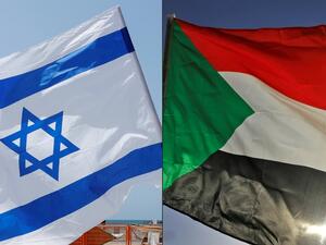 This combination of pictures created on October 23, 2020 shows (L to R) an Israeli flag during a rally in the coastal city of Tel Aviv on September 19, 2020; and a Sudanese flag during a gathering east of the capital Khartoum on June 3, 2020. Sudan and Israel agreed on Otober 23 to normalise relations, in a US-brokered deal to end decades of hostility that was widely welcomed but stirred Palestinian anger. The announcement makes Sudan, technically at war with Israel since its 1948 foundation, the fifth Arab