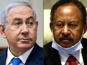 This combination of pictures created on October 24, 2020 shows (L to R) Israeli Prime Minister Benjamin Netanyahu during a cabinet meeting in Jerusalem on July 29, 2018; and Sudan's Prime Minister Abdullah Hamduk during a meeting in the capital Khartoum on July 26, 2020. Sudan and Israel agreed on Otober 23 to normalise relations, in a US-brokered deal to end decades of hostility that was widely welcomed but stirred Palestinian anger. The announcement makes Sudan, technically at war with Israel since its 19
