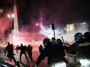 Italian police officers clash with far right Forza Nuova party activists during a protest against the government restriction measures to curb the spread of COVID-19, at central Piazza del Popolo, in Rome, Italy on October 24, 2020. Following last spring lockdown, Italy is facing its worst post-war economic recession. The country has recorded nearly 500,000 positive cases to the Covid-19 since the start of the pandemic, including 37,059 deaths, according to the Italian Ministry of Health on October 24, 2020 