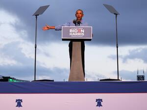 Former U.S. President Barack Obama speaks at a drive-in rally for Democratic presidential nominee Joe Biden on October 21, 2020 in Philadelphia, Pennsylvania. The campaign stop is the first in-person event for the former president on behalf of his former vice president. Biden is polling ahead of President Donald Trump in this battleground state that Trump narrowly won in 2016. Michael M. Santiago/Getty Images/AFP Michael M. Santiago / GETTY IMAGES NORTH AMERICA / Getty Images via AFP