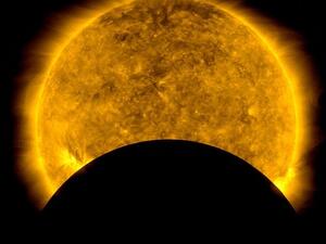 The transit lasted for about 50 minutes and at its peak, the moon covered 44 percent the fiery surface (Twitter/NASA)