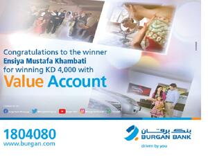 Ensiya Mustafa Khambati Wins Kd 4000 in Burgan Bank’s Value Account Draw 