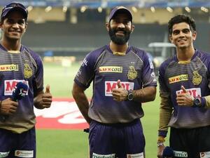 Shivam Mavi of Kolkata Knight Riders with captain Dinesh Karthik and Kamlesh Nagarkoti. (Photo: IPL)