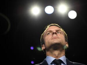 In this file photograph taken on April 4, 2017, then French presidential election candidate for the En Marche ! movement Emmanuel Macron looks on prior to a debate organised by the French private TV channels BFM TV and CNews, between the eleven candidates for the French presidential election, on April 4, 2017 in La Plaine-Saint-Denis near Paris. Lionel BONAVENTURE / POOL / AFP