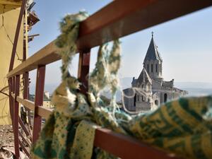 A view of the damaged Ghazanchetsots (Holy Saviour) Cathedral in the historic city of Shusha, some 15 kilometers from the disputed Nagorno-Karabakh province's capital Stepanakert, that was hit by a bomb during the fighting between Armenia and Azerbaijan over the breakaway region, on November 1, 2020. Karen MINASYAN / AFP