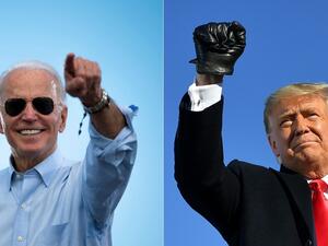 This combination of pictures created on October 30, 2020 shows Democratic Presidential candidate and former US Vice President Joe Biden gestures prior to delivering remarks at a Drive-in event in Coconut Creek, Florida, on October 29, 2020 and US President Donald Trump pumps his fist as he arrives to a campaign rally at Green Bay Austin Straubel International Airport in Green Bay, Wisconsin on October 30, 2020. AFP