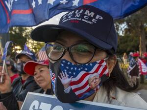 Supporters of US President Donald Trump rally after Democratic nominee Joe Biden won the 2020 presidential election, in Beverly Hills, California, on November 7, 2020. Democrat Joe Biden urged unity on November 7 and promised "a new day for America" in his first national address since he won the tense US election and ended the historically turbulent and divisive era of Donald Trump. DAVID MCNEW / AFP