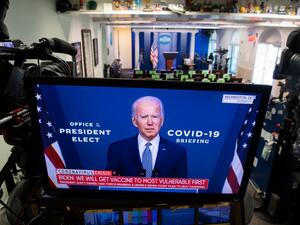 US President-elect Joe Biden leaves The Queen theater in Wilmington, Delaware, on November 9, 2020. President Donald Trump was still refusing to concede his election loss November 9, 2020, but Democrat Joe Biden plowed ahead anyway with the first meeting of a parallel coronavirus task force, initiating an awkward and potentially volatile transition period. Angela Weiss / AFP